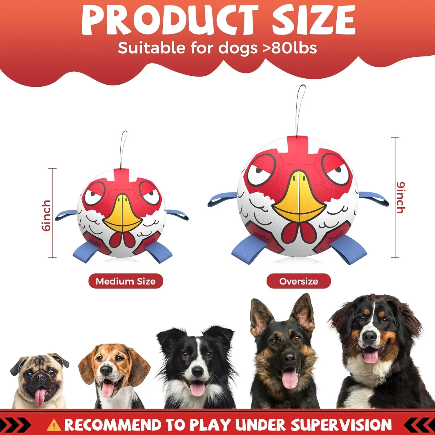 QDAN Dog Toys Soccer Ball with Straps - Durable Extra Large Dog Balls, Beach Pool Water Toys, Herding Balls (9 Inch)