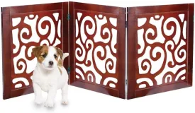 Safety Pet Gate for Dogs  Free-Standing & Foldable - Decorative Scroll Wooden Fence Barrier  Stairs & Doorways (Mahogany)