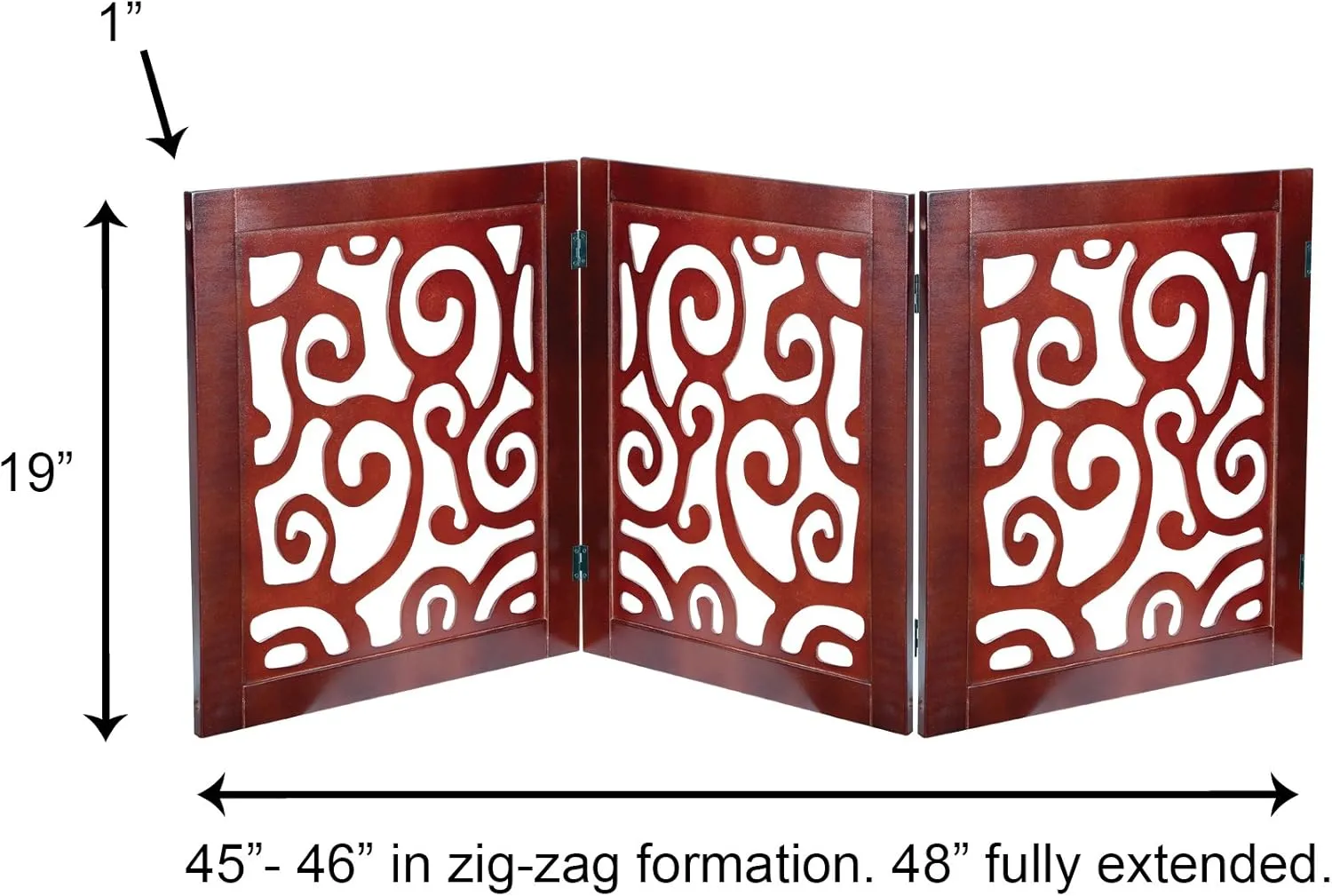 Safety Pet Gate for Dogs  Free-Standing & Foldable - Decorative Scroll Wooden Fence Barrier  Stairs & Doorways (Mahogany)
