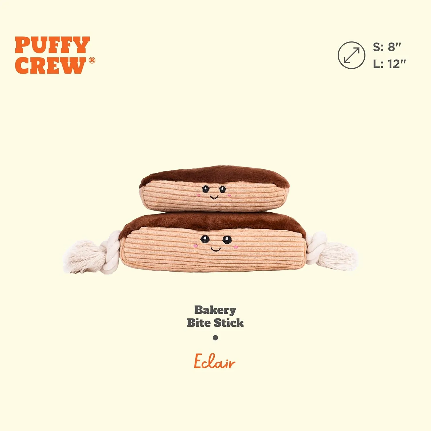 Squeaky Dog Plush Toy, Bakery Bite_Stick Collection, 8", for Small and Medium Dogs (Eclair, Small)