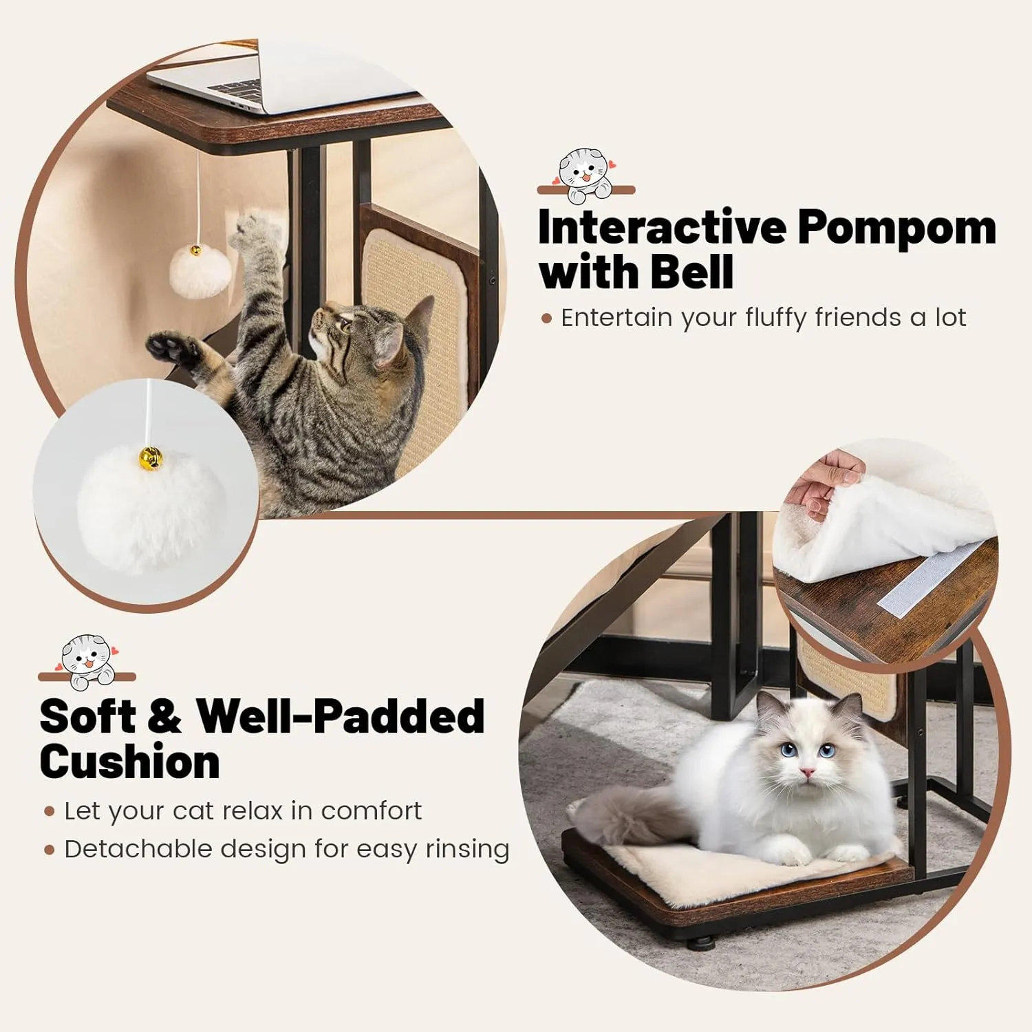 Tangkula Cat Tree and End Table, 4-in-1 Cat Coffee Table, C-Shaped Cat Small Side Table with Sisal Scratching Mat, Removable Washable Cushion, Modern Cat Furniture for Living Room, Bedroom