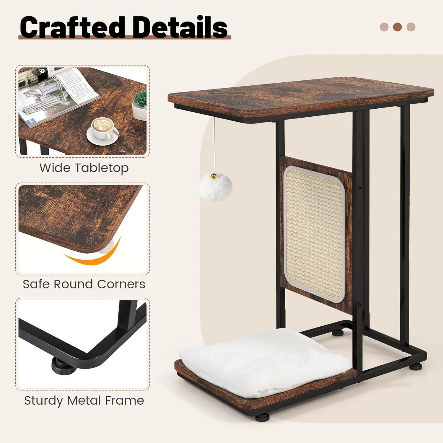 Tangkula Cat Tree and End Table, 4-in-1 Cat Coffee Table, C-Shaped Cat Small Side Table with Sisal Scratching Mat, Removable Washable Cushion, Modern Cat Furniture for Living Room, Bedroom
