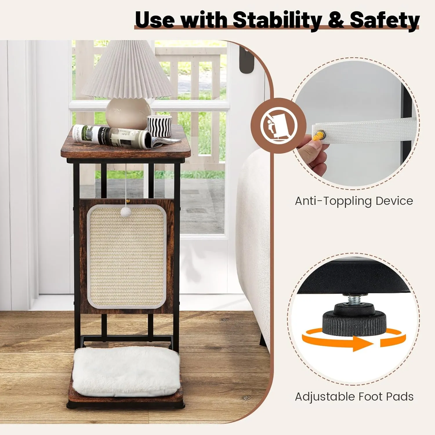 Tangkula Cat Tree and End Table, 4-in-1 Cat Coffee Table, C-Shaped Cat Small Side Table with Sisal Scratching Mat, Removable Washable Cushion, Modern Cat Furniture for Living Room, Bedroom