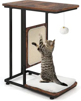 Tangkula Cat Tree and End Table, 4-in-1 Cat Coffee Table, C-Shaped Cat Small Side Table with Sisal Scratching Mat, Removable Washable Cushion, Modern Cat Furniture for Living Room, Bedroom