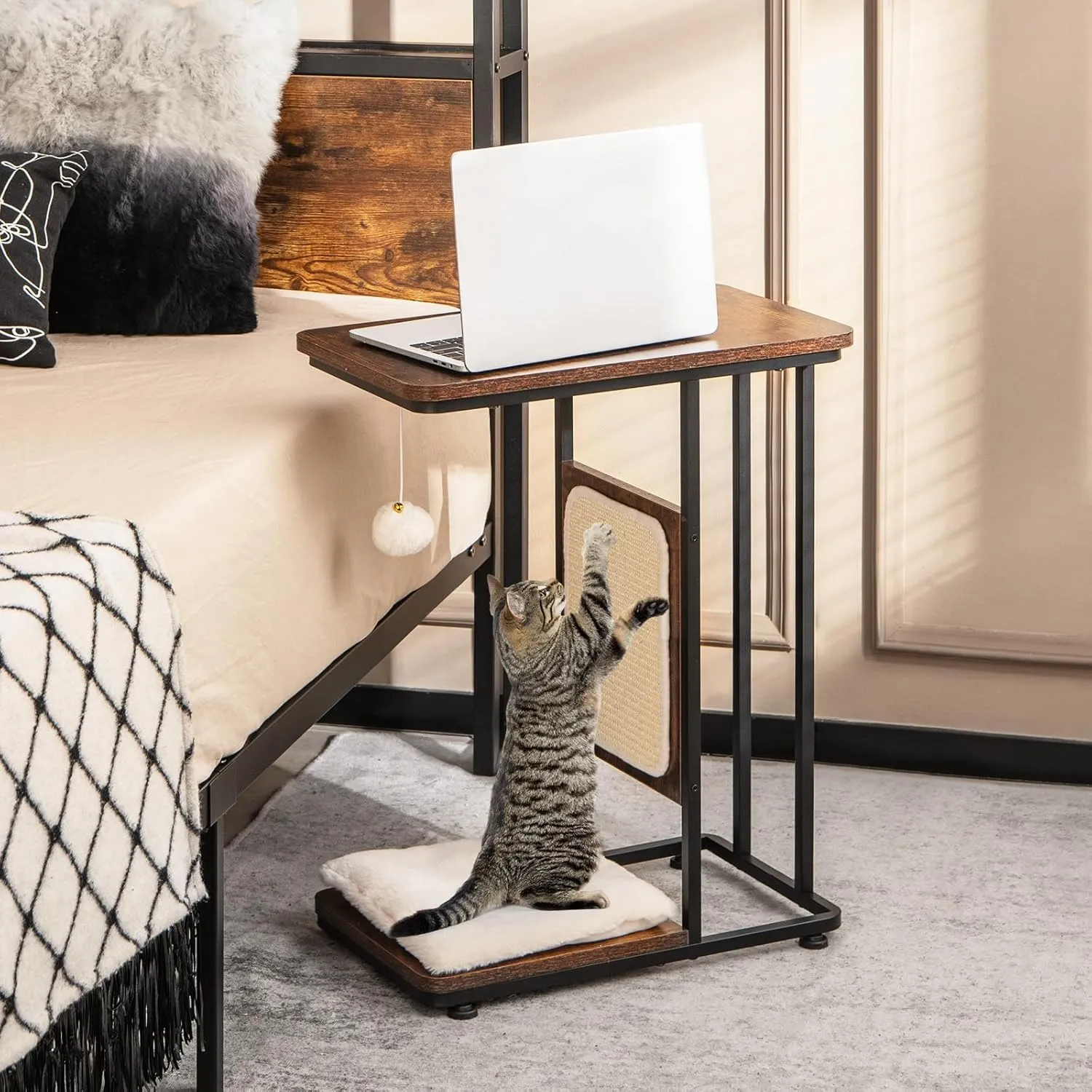 Tangkula Cat Tree and End Table, 4-in-1 Cat Coffee Table, C-Shaped Cat Small Side Table with Sisal Scratching Mat, Removable Washable Cushion, Modern Cat Furniture for Living Room, Bedroom