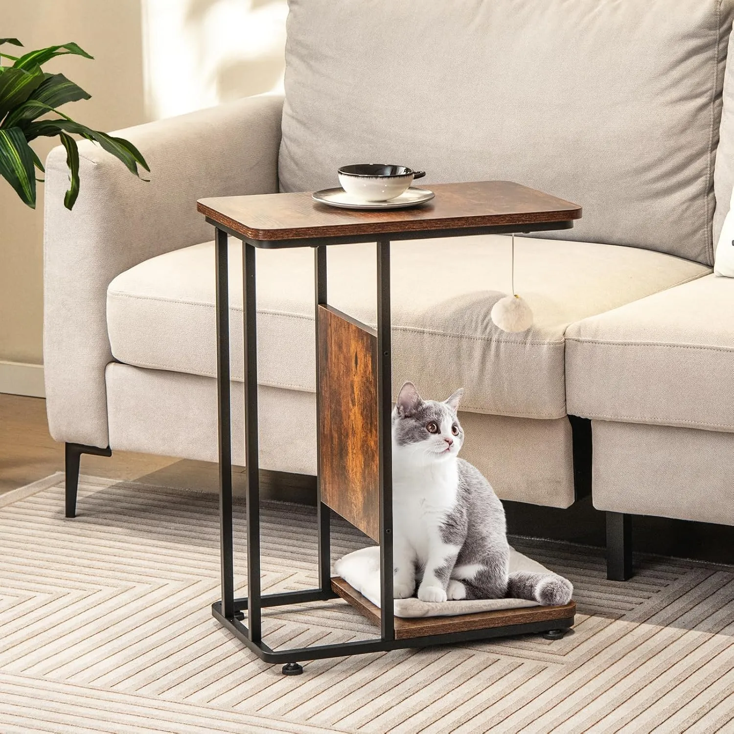 Tangkula Cat Tree and End Table, 4-in-1 Cat Coffee Table, C-Shaped Cat Small Side Table with Sisal Scratching Mat, Removable Washable Cushion, Modern Cat Furniture for Living Room, Bedroom