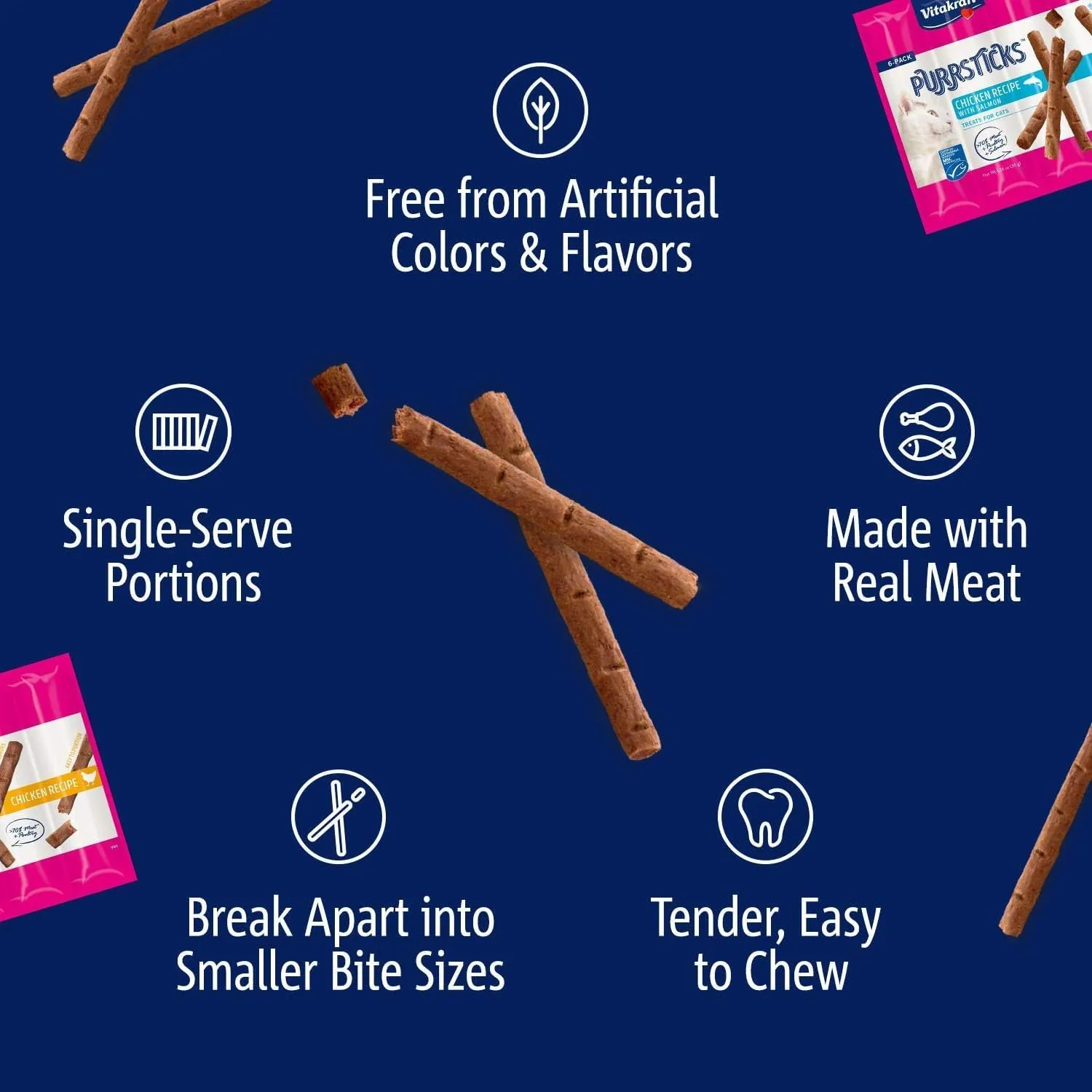 Vitakraft PurrSticks Meaty Cat Sticks - Chicken - Segmented and Breakable Meatstick - Deliciously Tender - 6 Count (Pack of 3) - 18 Sticks
