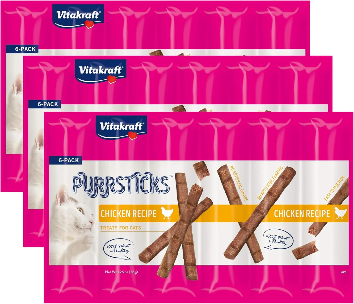 Vitakraft PurrSticks Meaty Cat Sticks - Chicken - Segmented and Breakable Meatstick - Deliciously Tender - 6 Count (Pack of 3) - 18 Sticks