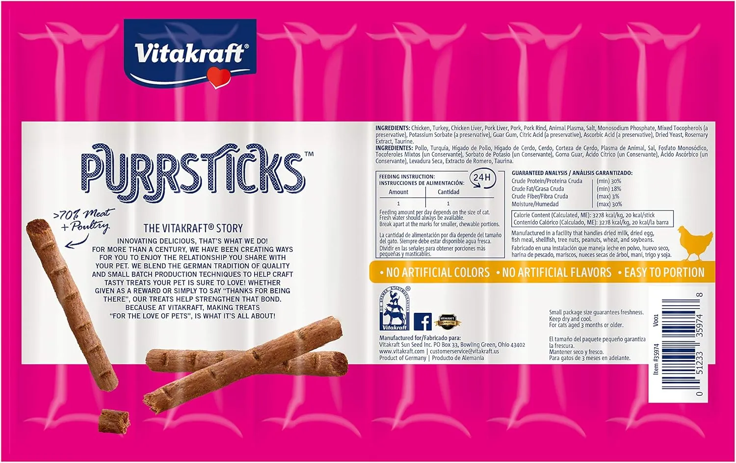 Vitakraft PurrSticks Meaty Cat Sticks - Chicken - Segmented and Breakable Meatstick - Deliciously Tender - 6 Count (Pack of 3) - 18 Sticks