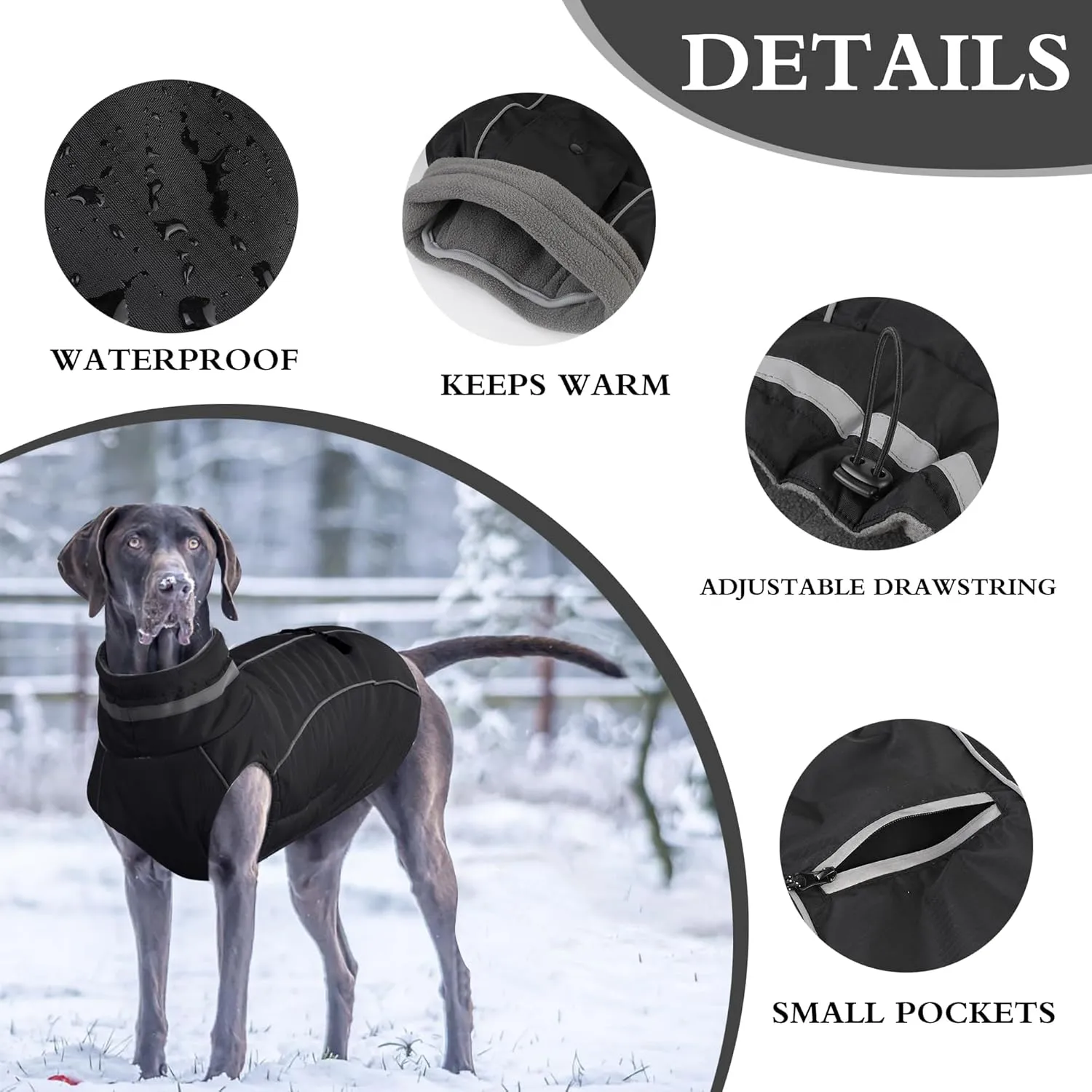 Warm Dog Coat - Reflective Adjustable Windproof Turtleneck Jacket, Padded Winter Cold Weather Clothes, Waterproof Snow Coat (Black, M)