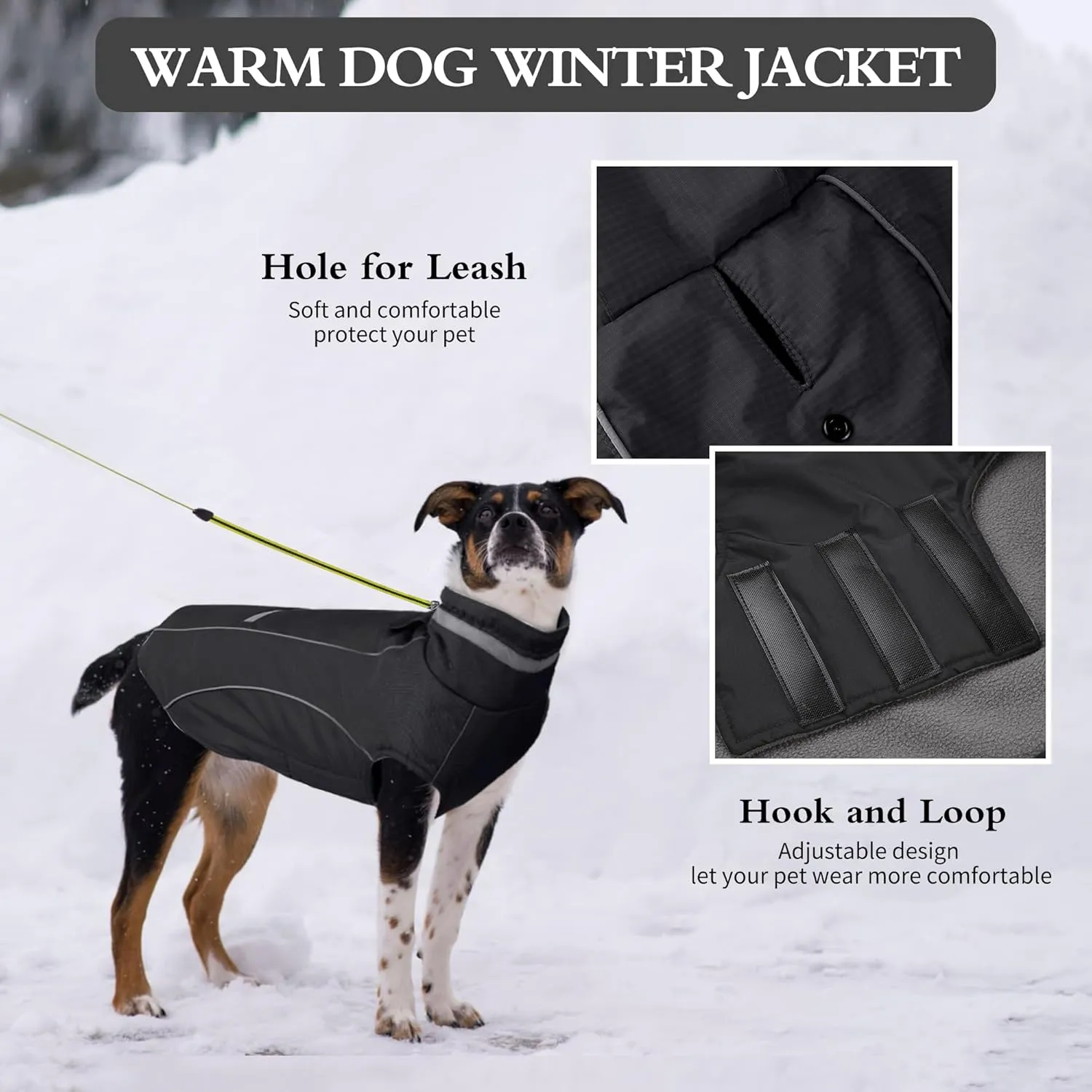 Warm Dog Coat - Reflective Adjustable Windproof Turtleneck Jacket, Padded Winter Cold Weather Clothes, Waterproof Snow Coat (Black, M)