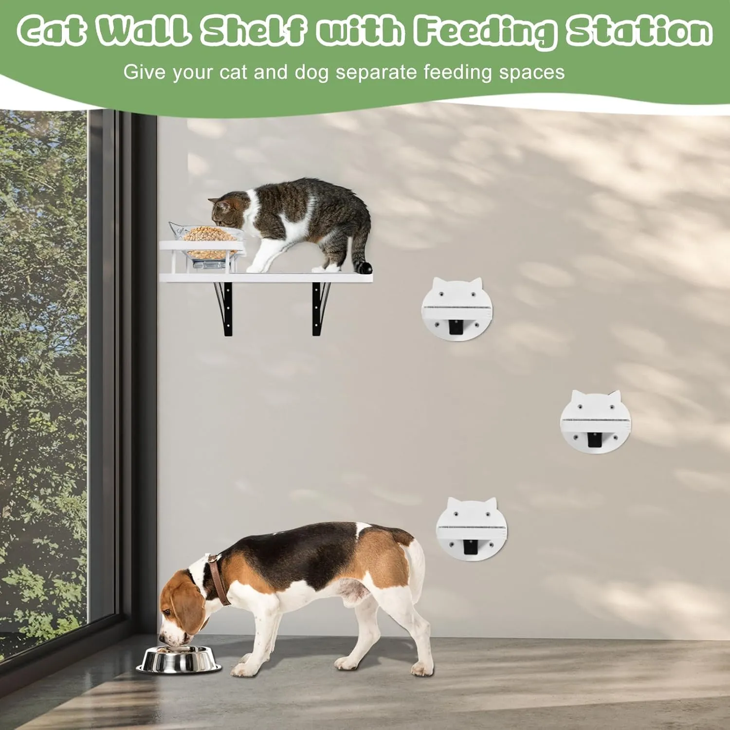 Y&ME YM Cat Wall Shelves, Cat Shelves and Perches for Wall, Cat Shelves Wall Mount, Cat Wall Furniture with 3 Cat Wall Steps, Cat Climbing Shelf Cat Scratch Post, Cat Wall Shelf with 2 Cat Food Shelf