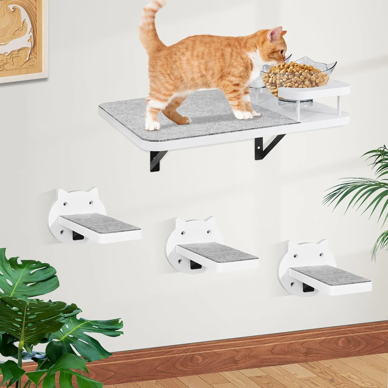 Y&ME YM Cat Wall Shelves, Cat Shelves and Perches for Wall, Cat Shelves Wall Mount, Cat Wall Furniture with 3 Cat Wall Steps, Cat Climbing Shelf Cat Scratch Post, Cat Wall Shelf with 2 Cat Food Shelf