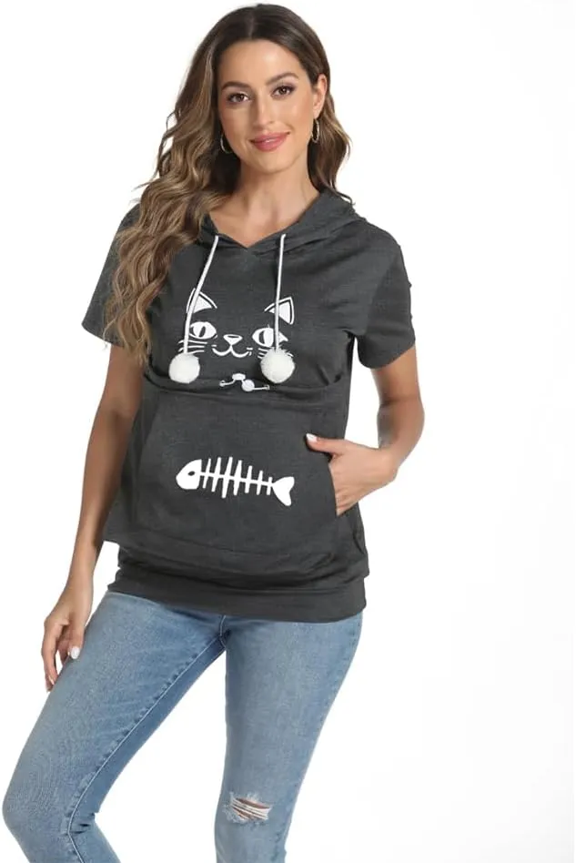 YYW Cat Pouch Hoodie Short Sleeve Puppy Kitten Pet Holder Carrier Hoodies Unisex Summer(Pattern B-Dark Grey, XL)