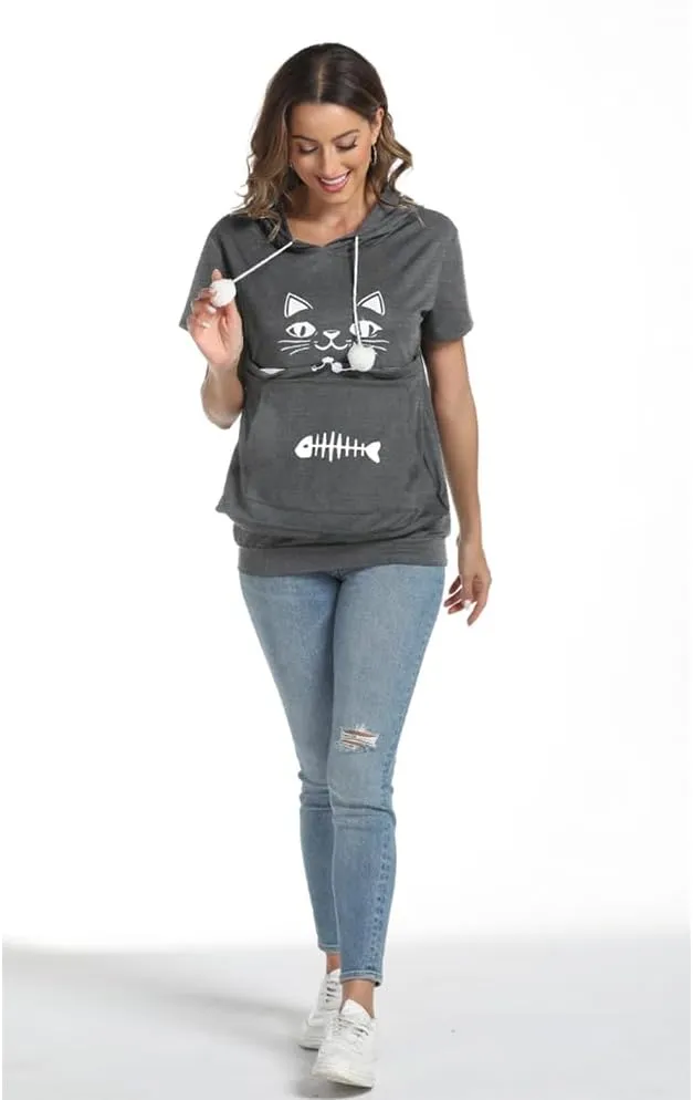 YYW Cat Pouch Hoodie Short Sleeve Puppy Kitten Pet Holder Carrier Hoodies Unisex Summer(Pattern B-Dark Grey, XL)