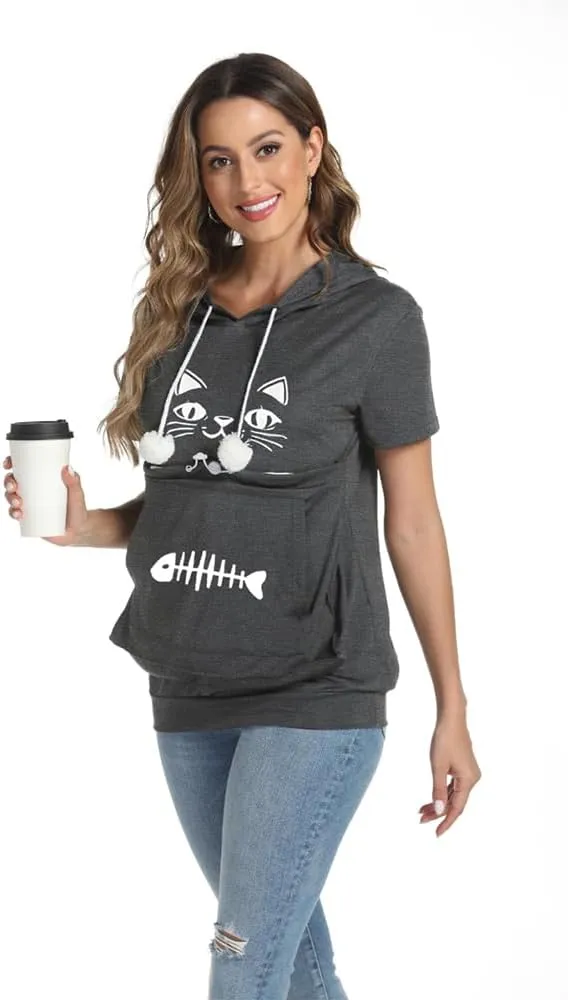 YYW Cat Pouch Hoodie Short Sleeve Puppy Kitten Pet Holder Carrier Hoodies Unisex Summer(Pattern B-Dark Grey, XL)