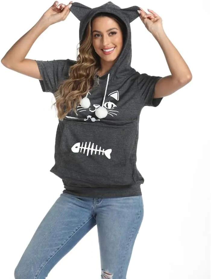 YYW Cat Pouch Hoodie Short Sleeve Puppy Kitten Pet Holder Carrier Hoodies Unisex Summer(Pattern B-Dark Grey, XL)